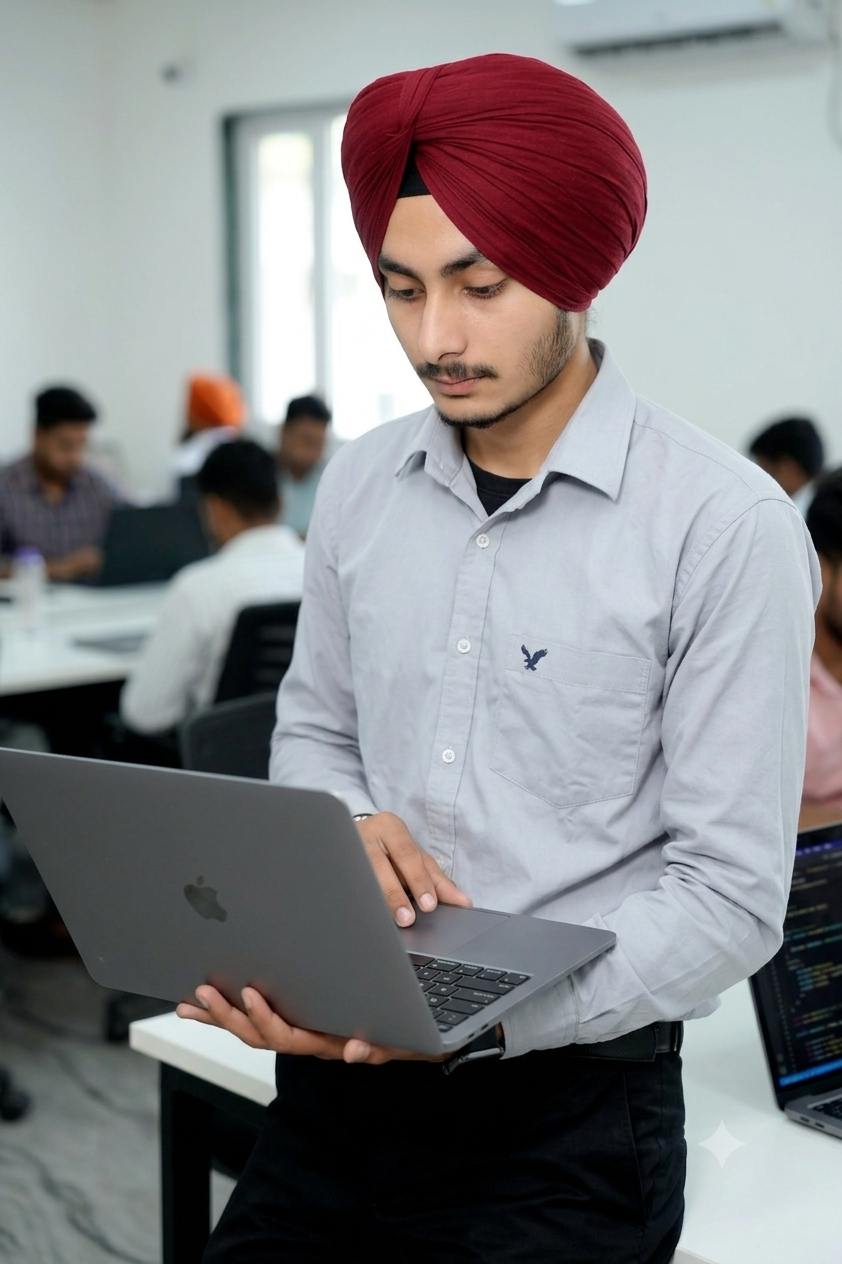 Tejinder Singh holding a laptop in a creative workspace